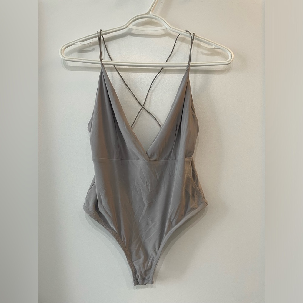 Missguided Grey Slinky Deep V Bodysuit - size 6